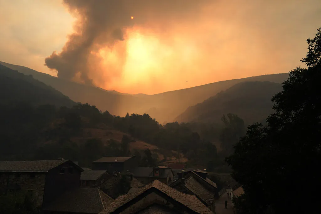 A wildfire burns in Colinas del Campo, Spain on Aug. 21, 2025.