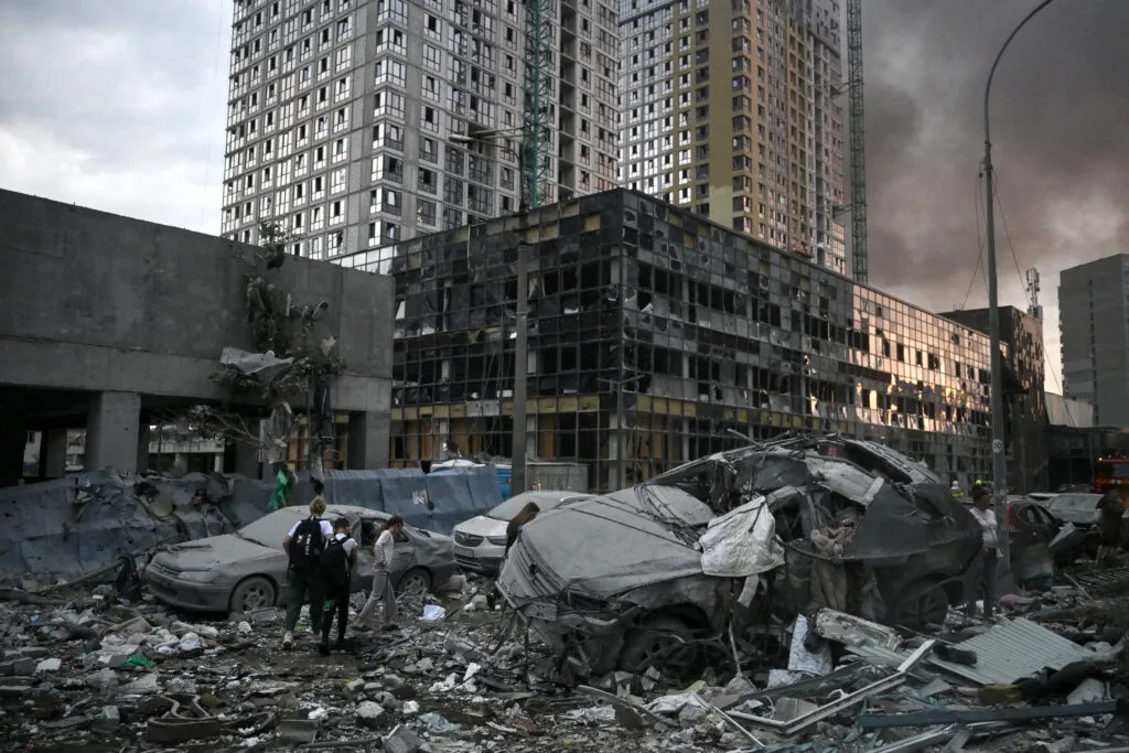 Damaged building in Kyiv after a missile strike, July 6, 2026 — Genya Savilov/AFP via Getty Images