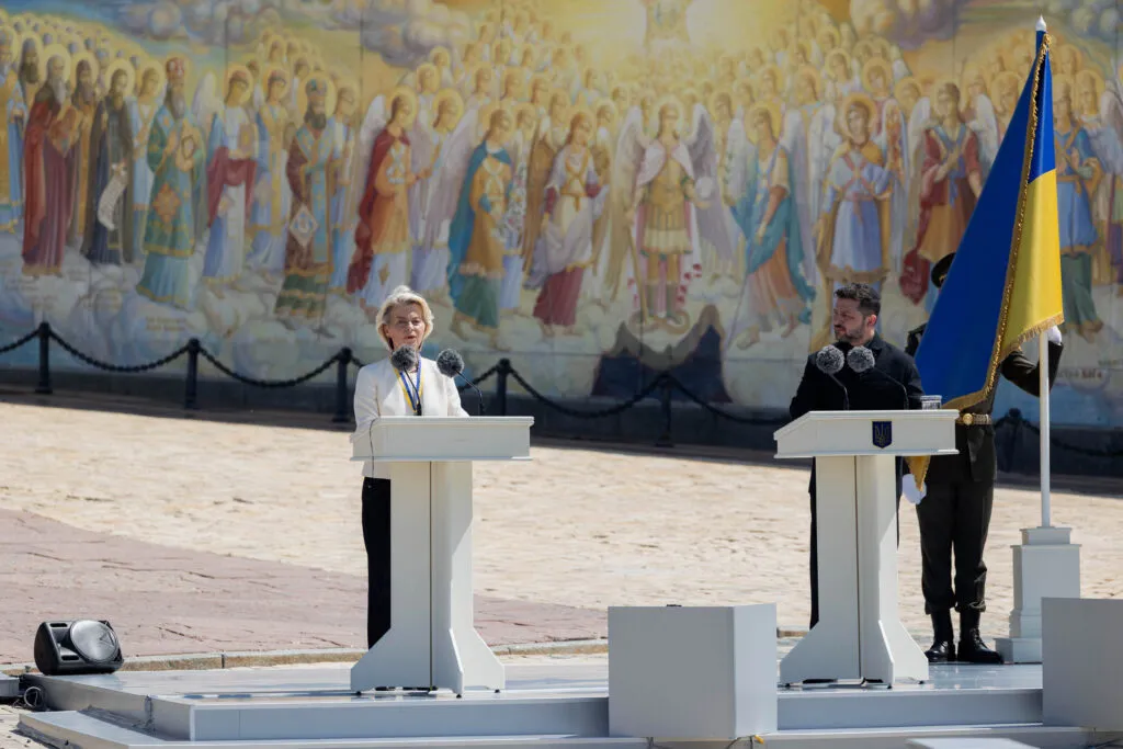 Von der Leyen and Ukraine’s president at a Kyiv ceremony, July 2026