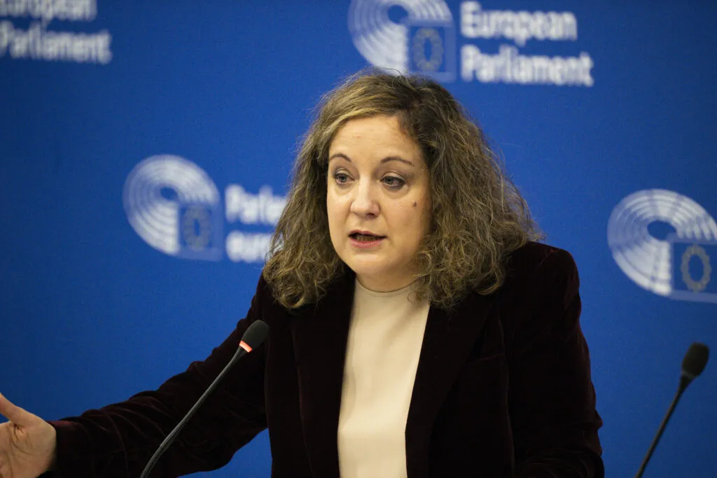 Iratxe García at a press conference in Strasbourg, Feb. 10, 2026.
