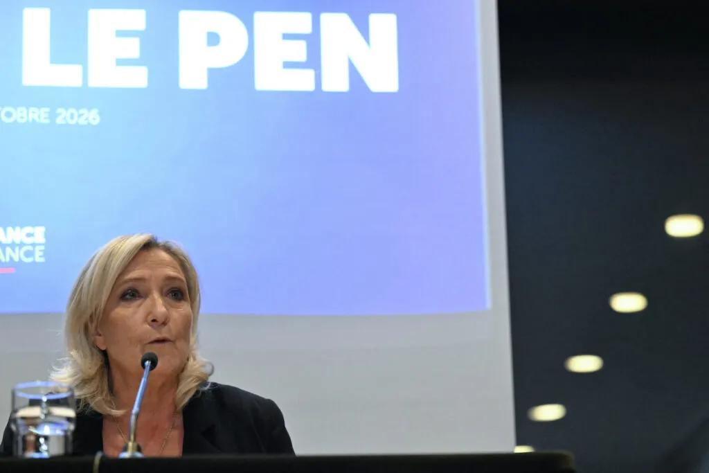 Marine Le Pen at a press briefing during a parliamentary group meeting on the eve of a summit, October 14, 2026.