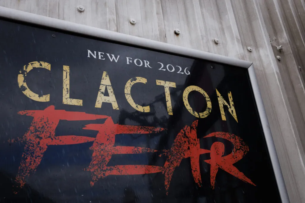 A poster reading ‘Clacton Fear’ on the pier