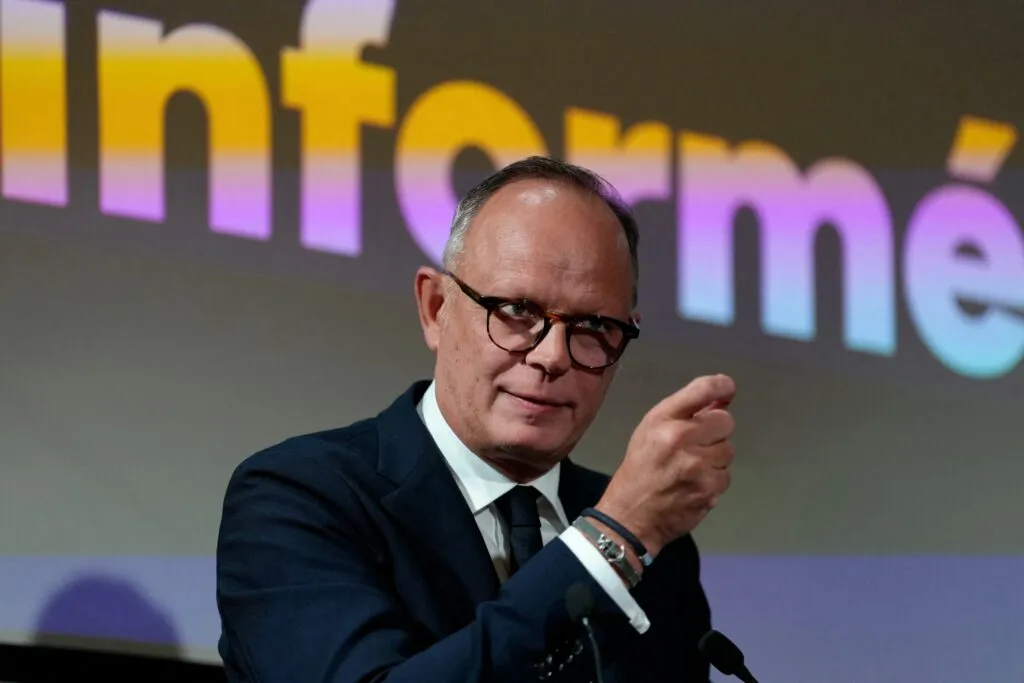 Edouard Philippe speaking at a press meeting in Paris on October 14, 2026.