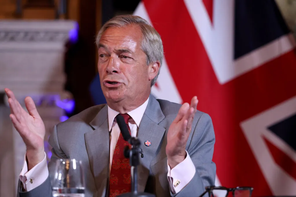 Farage at a press conference on deporting foreign prisoners, Aug. 10, 2026