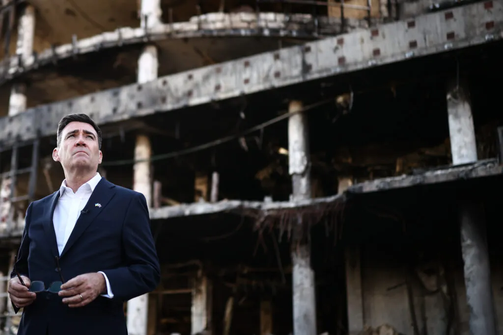 Andy Burnham visiting a market in Kyiv after Russian strikes